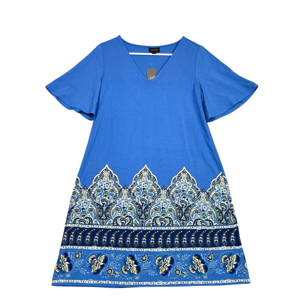 J.JILL Wearever Collection Stretch Paisley Border Tee Dress Short Sleeve Blue S